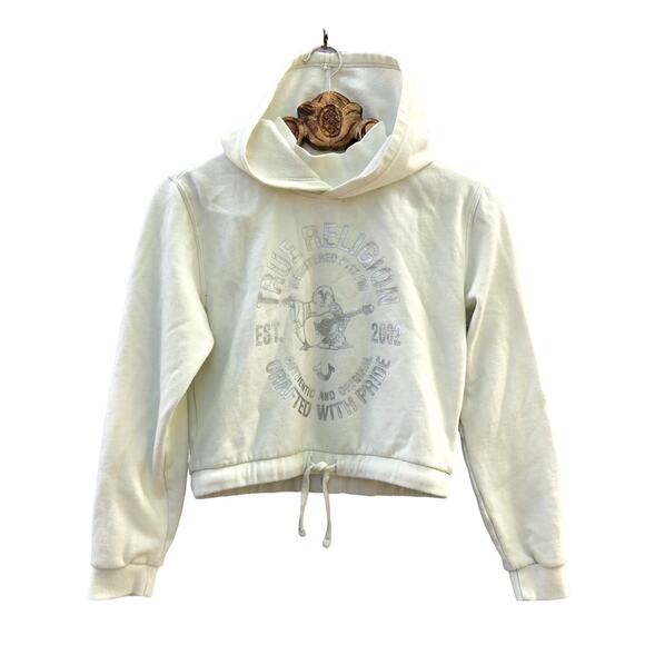 True Religion Hoodie Crop Sweatshirt Pale Chartreuse Green Cinch Hem Small - Picture 1 of 10